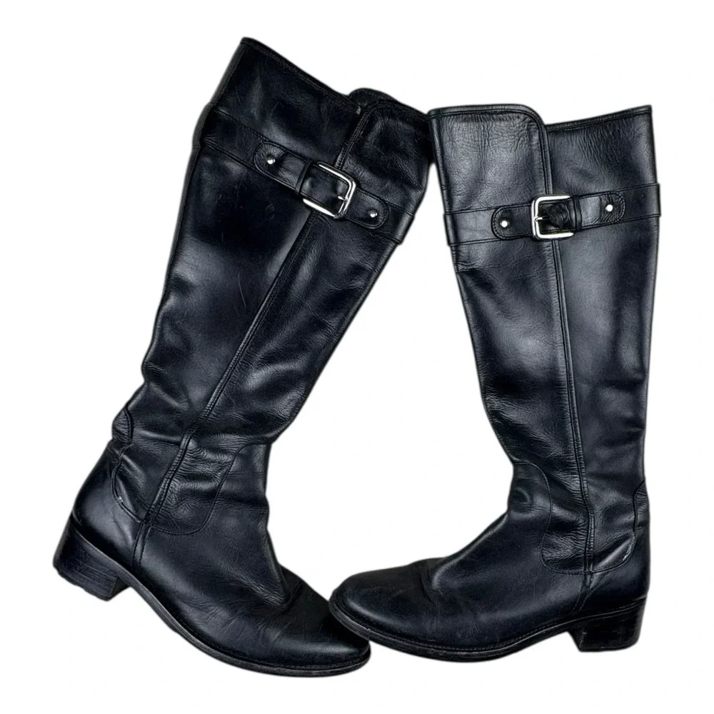 Black Leather Knee High Riding Boots Womens‎ 8B Buckle Zip Made in India